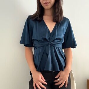 A.L.C. Alma Silk Flutter Sleeve Midnight Blue V-Neck Blouse